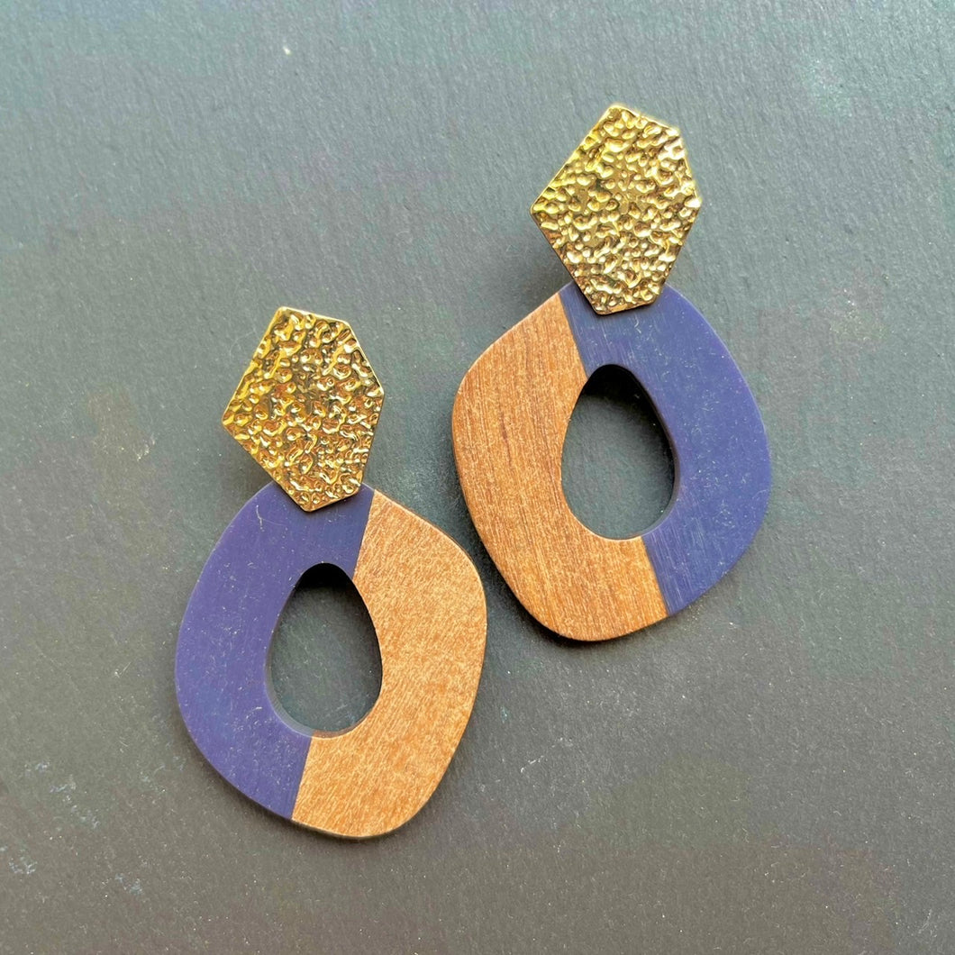 ウッド×ネイビー 大人の大ぶりピアス p-3